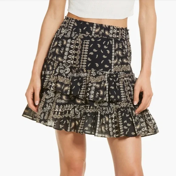 Free People Melissa Muslin Cotton Black & Beige Paisley Tiered Mini Skirt XS - Picture 2 of 11
